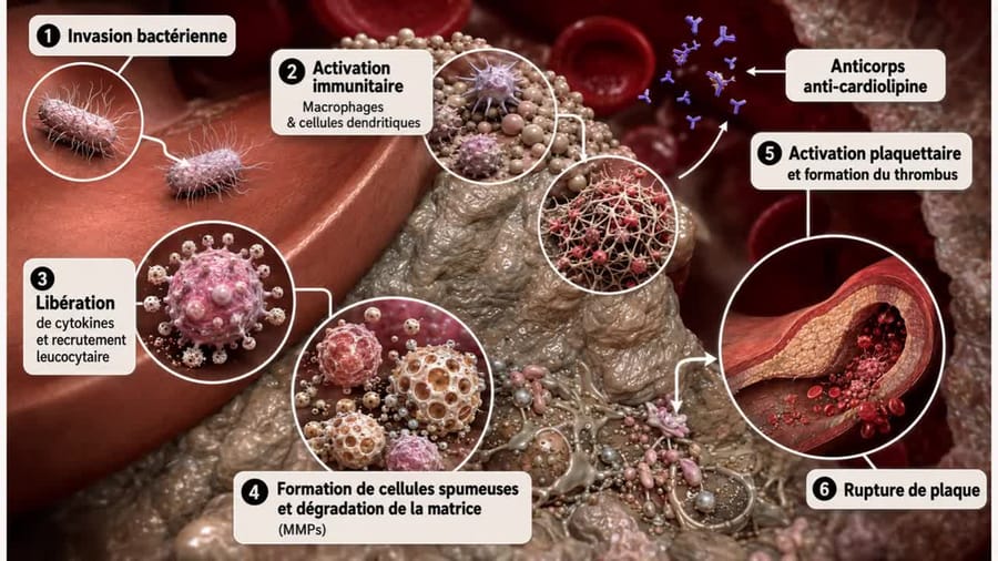 Schéma pédagogique : étapes de la formation d'une plaque d'athérome et points où les bactéries parodontales et l'inflammation pourraient intervenir, d'après les travaux expérimentaux.